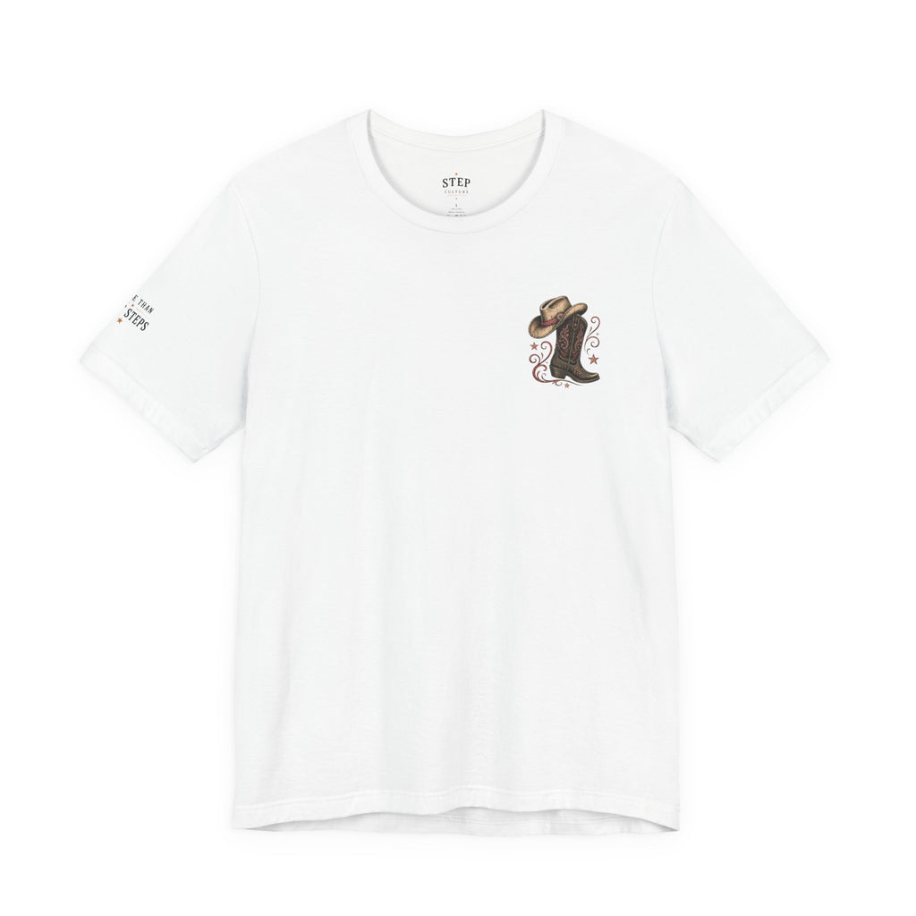 White It's Line Dance Time T-shirt with cowboy boot and hat graphic