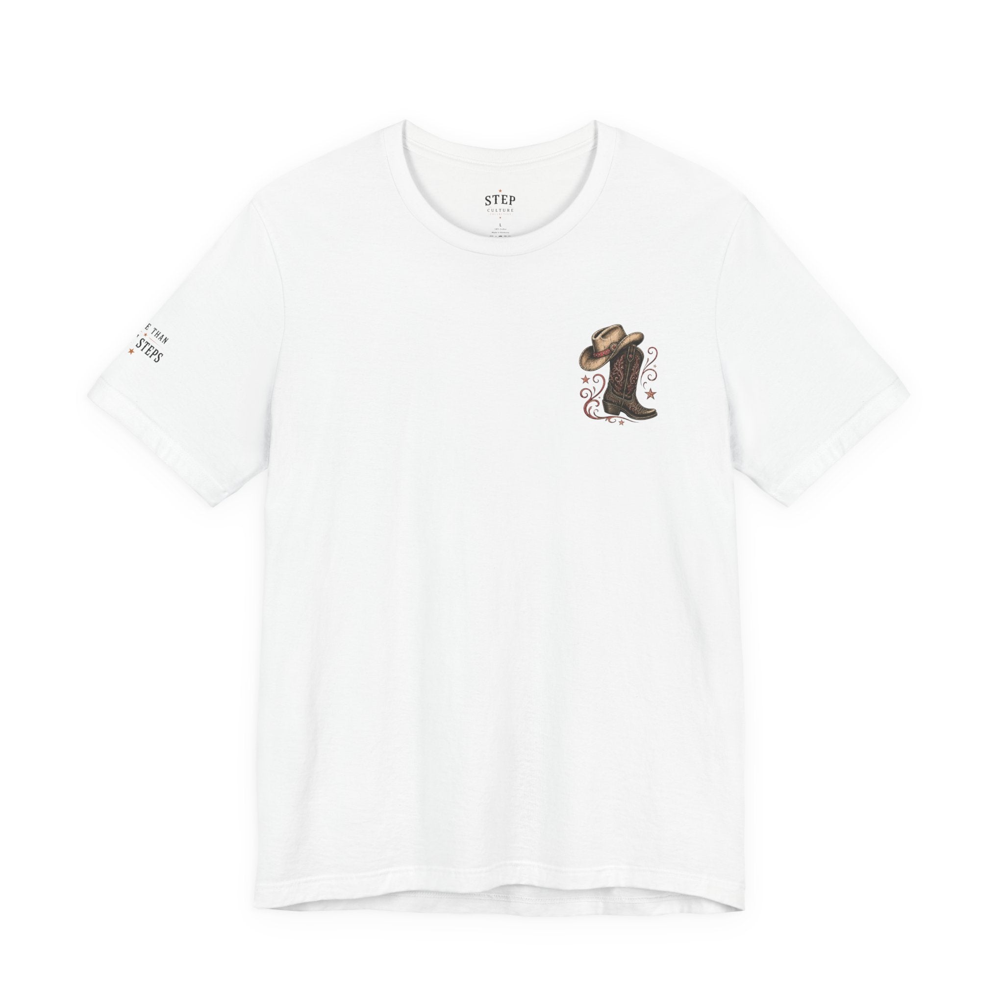 White It's Line Dance Time T-shirt with cowboy boot and hat graphic