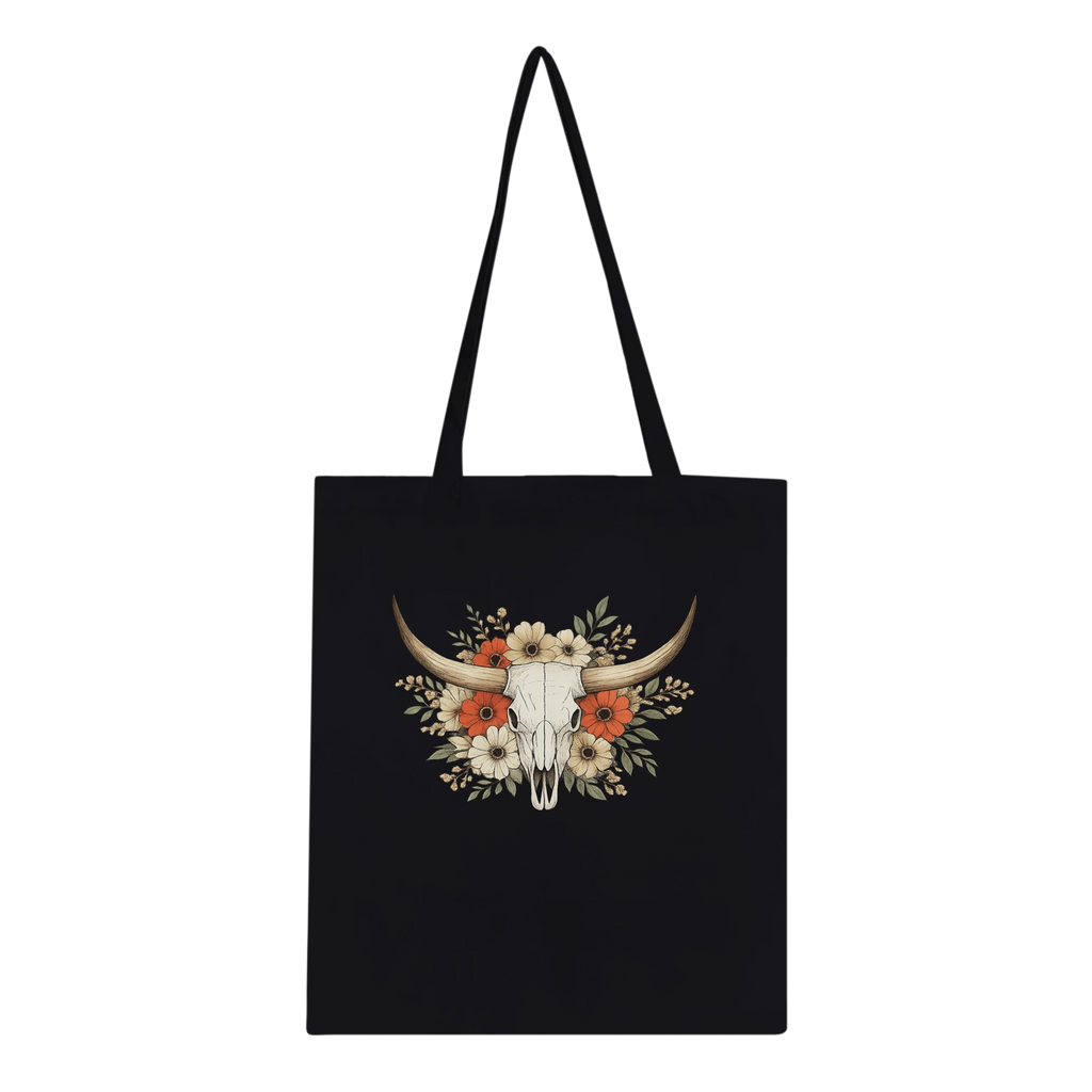 White cotton tote bag with detailed longhorn skull and floral western artwork.