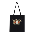 White cotton tote bag with detailed longhorn skull and floral western artwork.