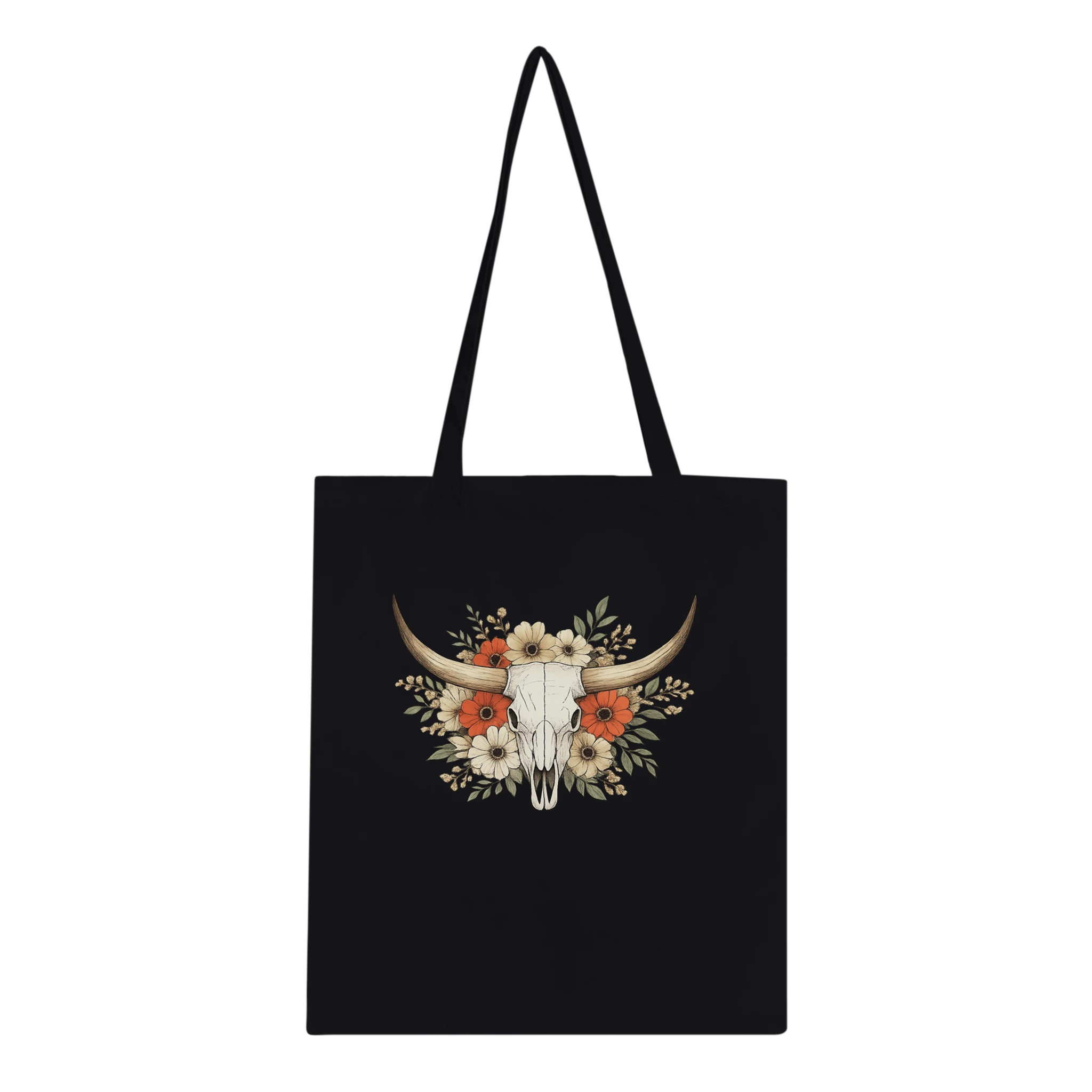 White cotton tote bag with detailed longhorn skull and floral western artwork.