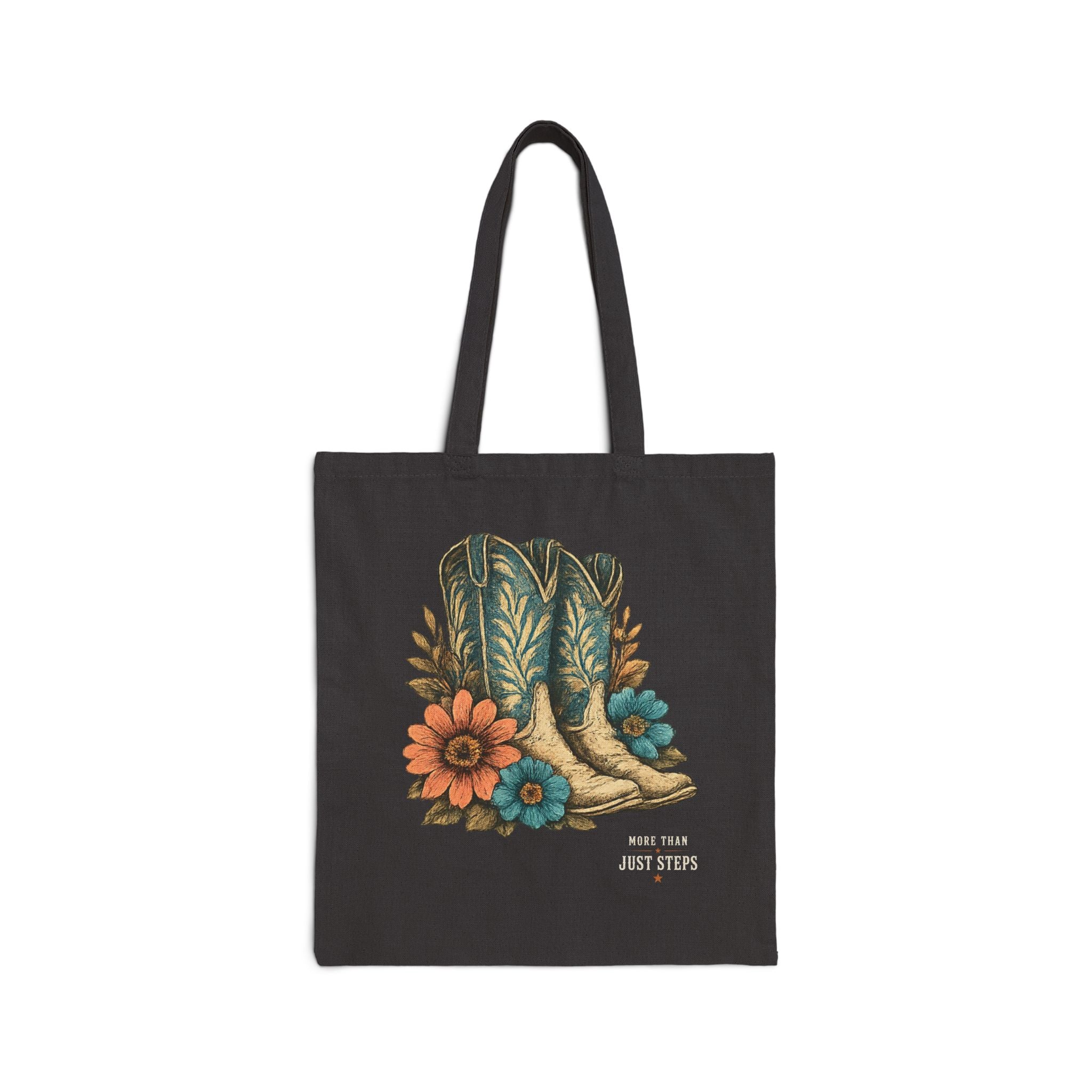 Close-up of the black cotton canvas tote showing the colourful western boot and floral print.