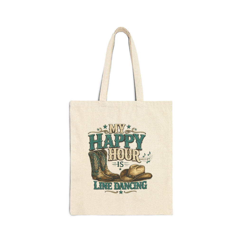Black cotton canvas tote bag featuring cowboy boots, hat and musical notes.