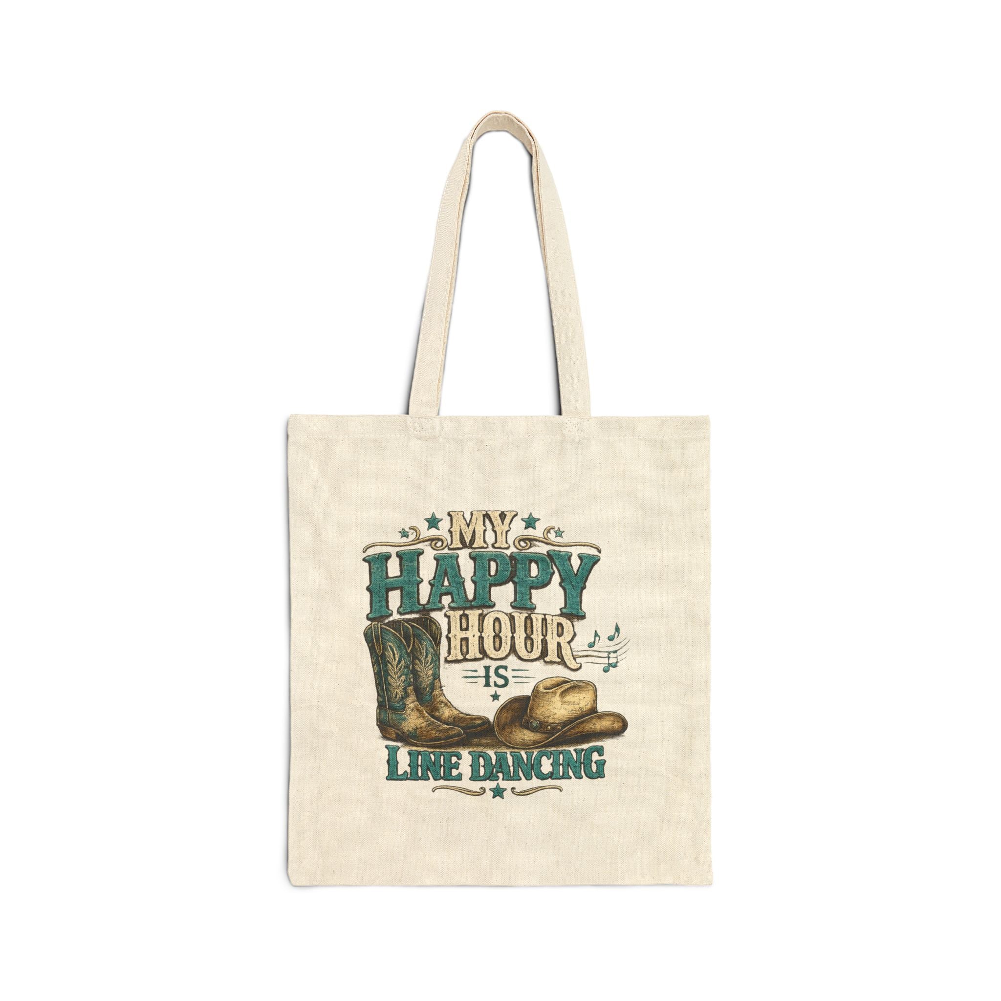Black cotton canvas tote bag featuring cowboy boots, hat and musical notes.