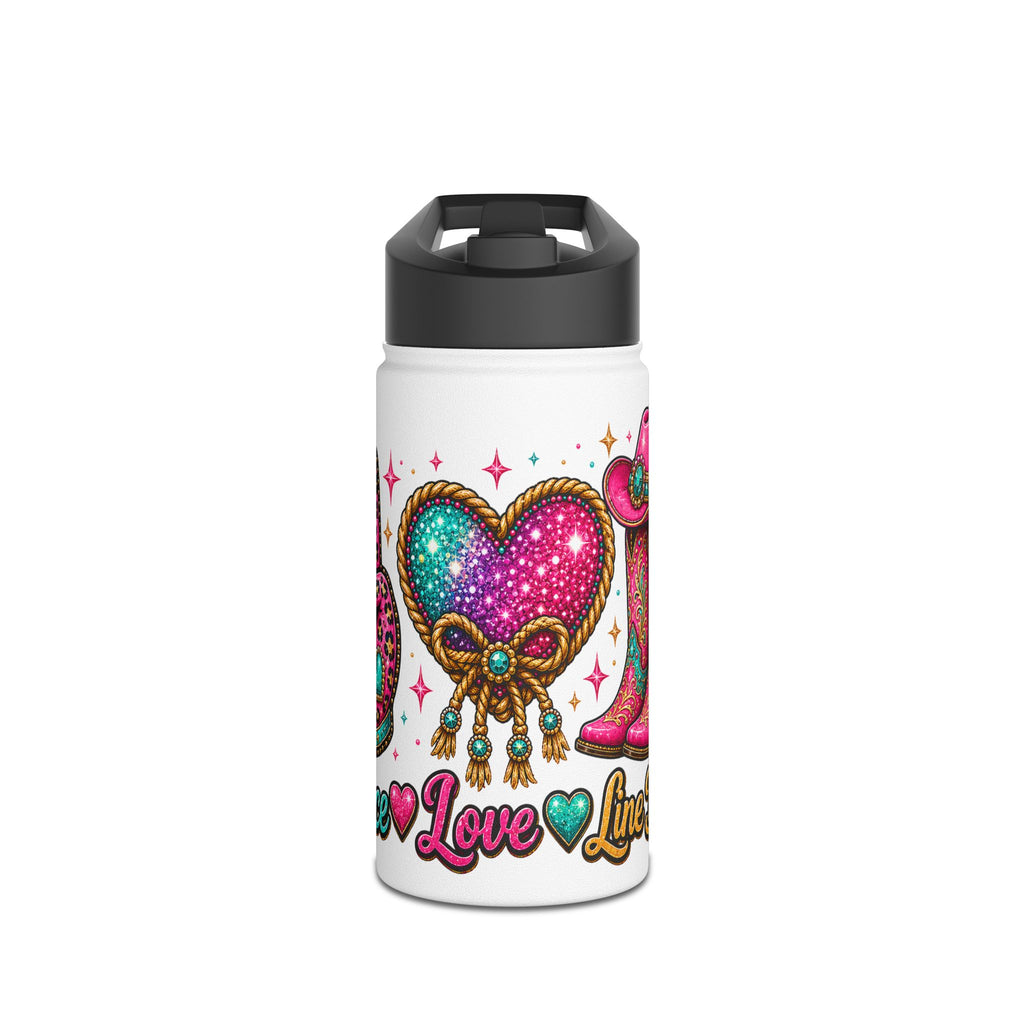White Peace Love Line Dance stainless steel water bottle with colourful glitter Western graphic