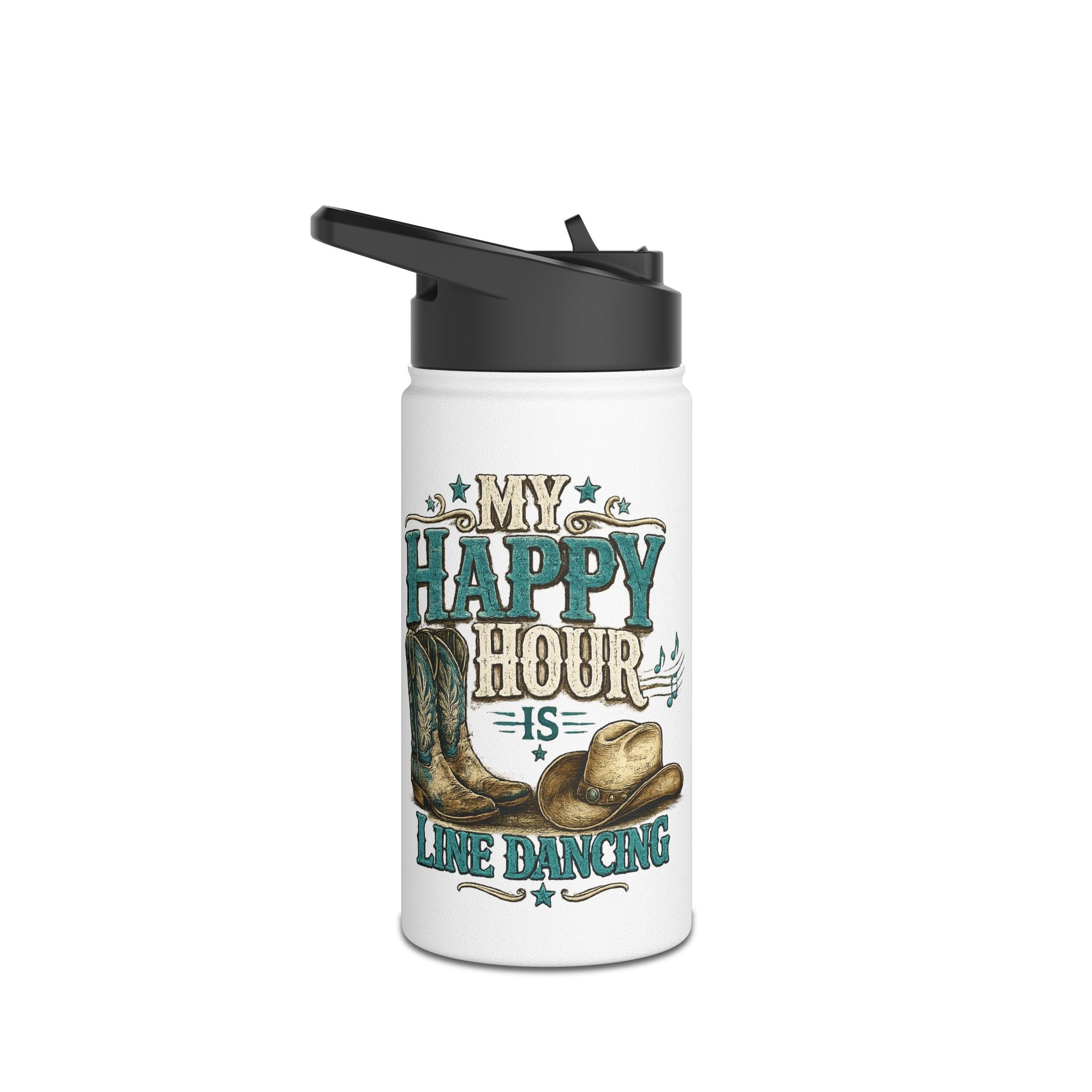 My Happy Hour Is Line Dancing personalised stainless steel bottle shown from the front