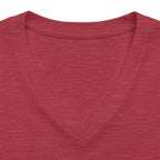 Heather red personalised women's relaxed V-neck T-shirt fabric and neckline detail