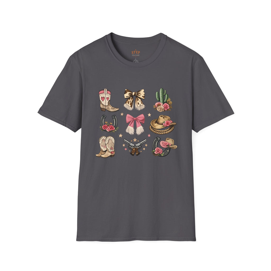 Women’s Western Icons tee showing cowboy boots, bow and cactus designs