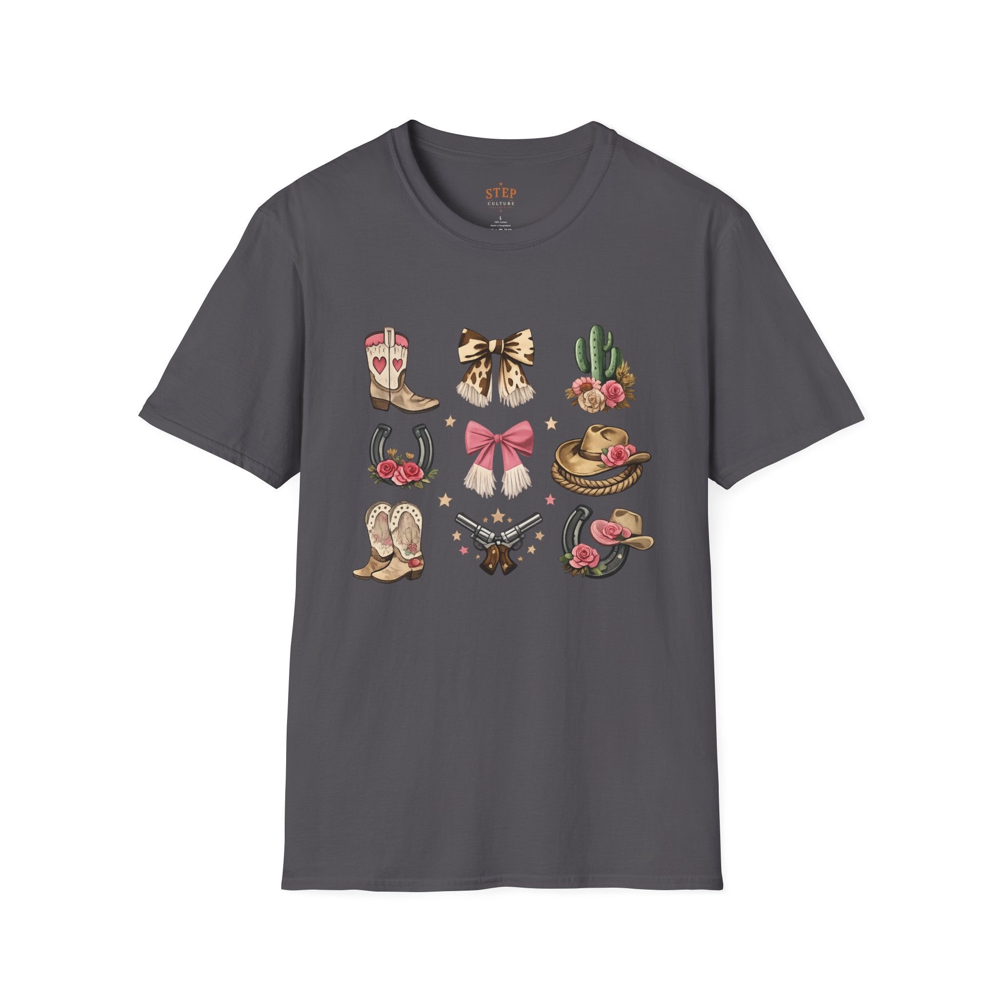 Women’s Western Icons tee showing cowboy boots, bow and cactus designs