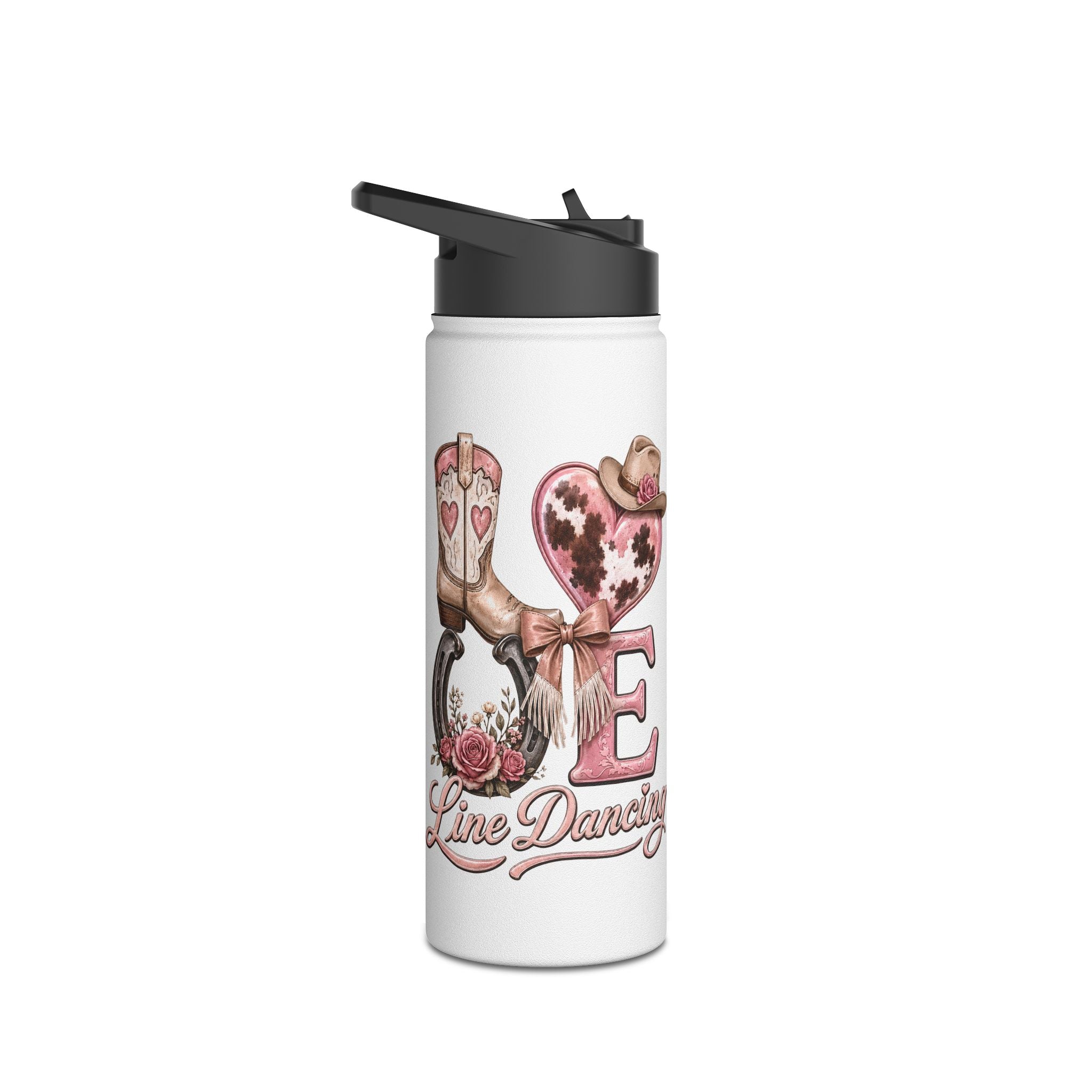 Personalised Love Line Dancing stainless steel bottle with glitter heart and custom name – product view 4