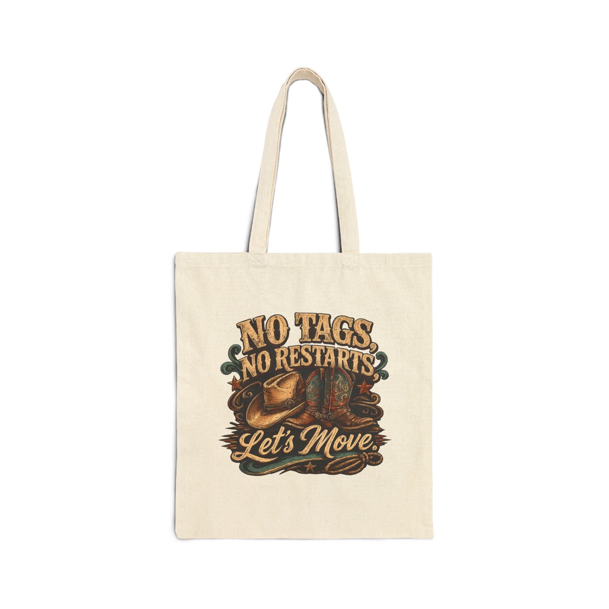Front product mockup of the black ‘No Tags, No Restarts’ tote bag.