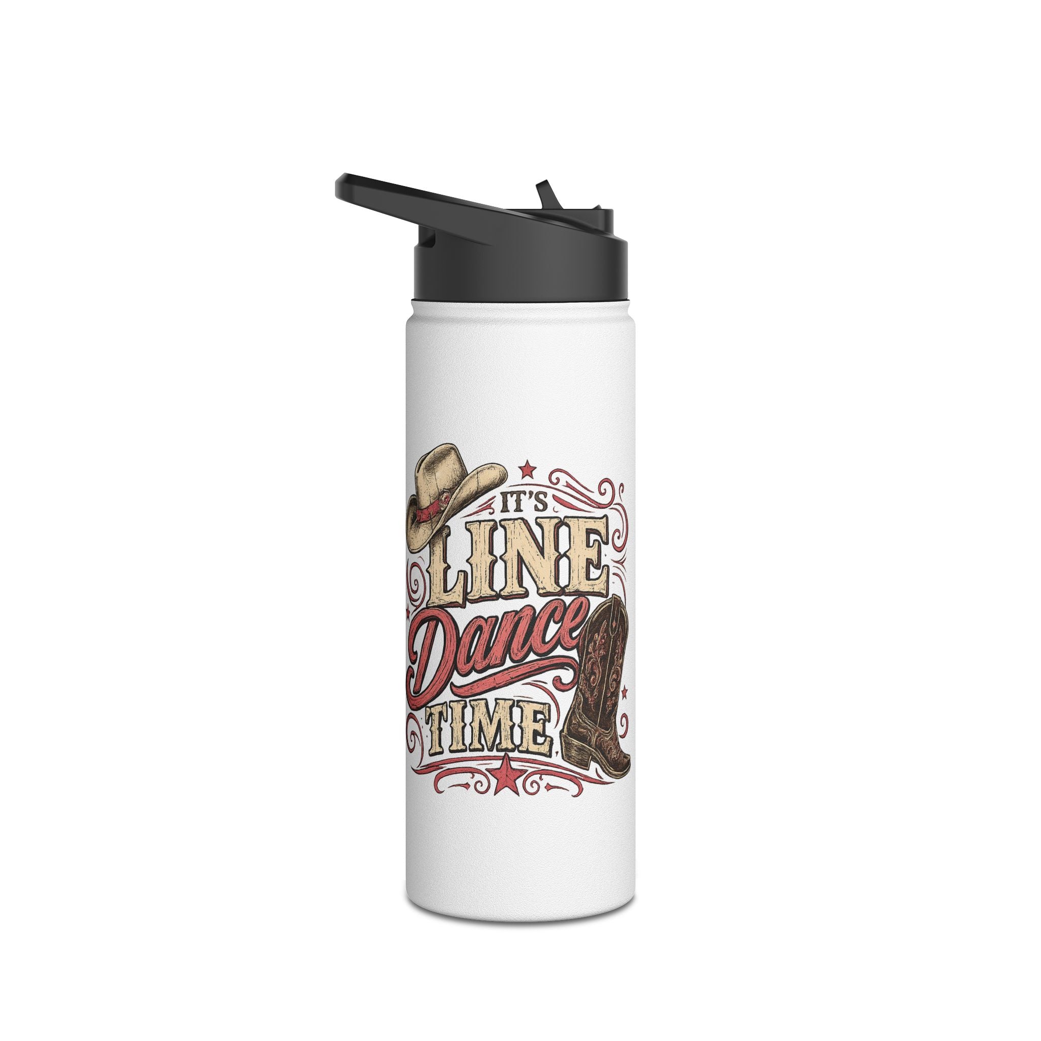 Close-up of the personalised It's Line Dance Time bottle design