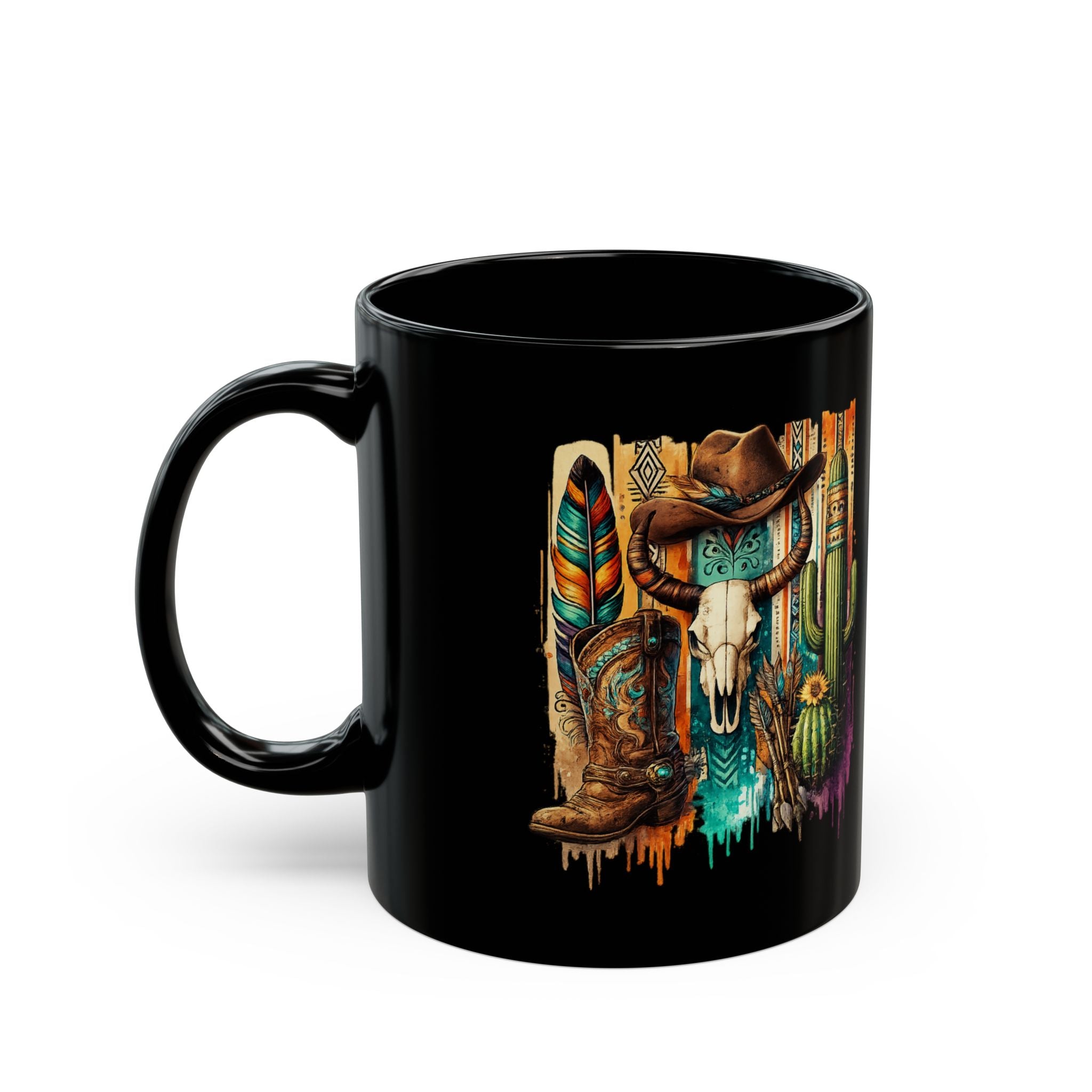 Southwestern Cowboy Skull black ceramic mug shown from the opposite side