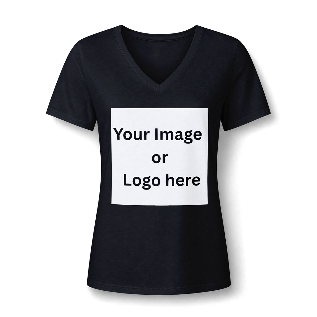 Solid black women's relaxed V-neck T-shirt front with custom image or logo print area