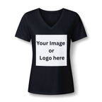 Solid black women's relaxed V-neck T-shirt front with custom image or logo print area