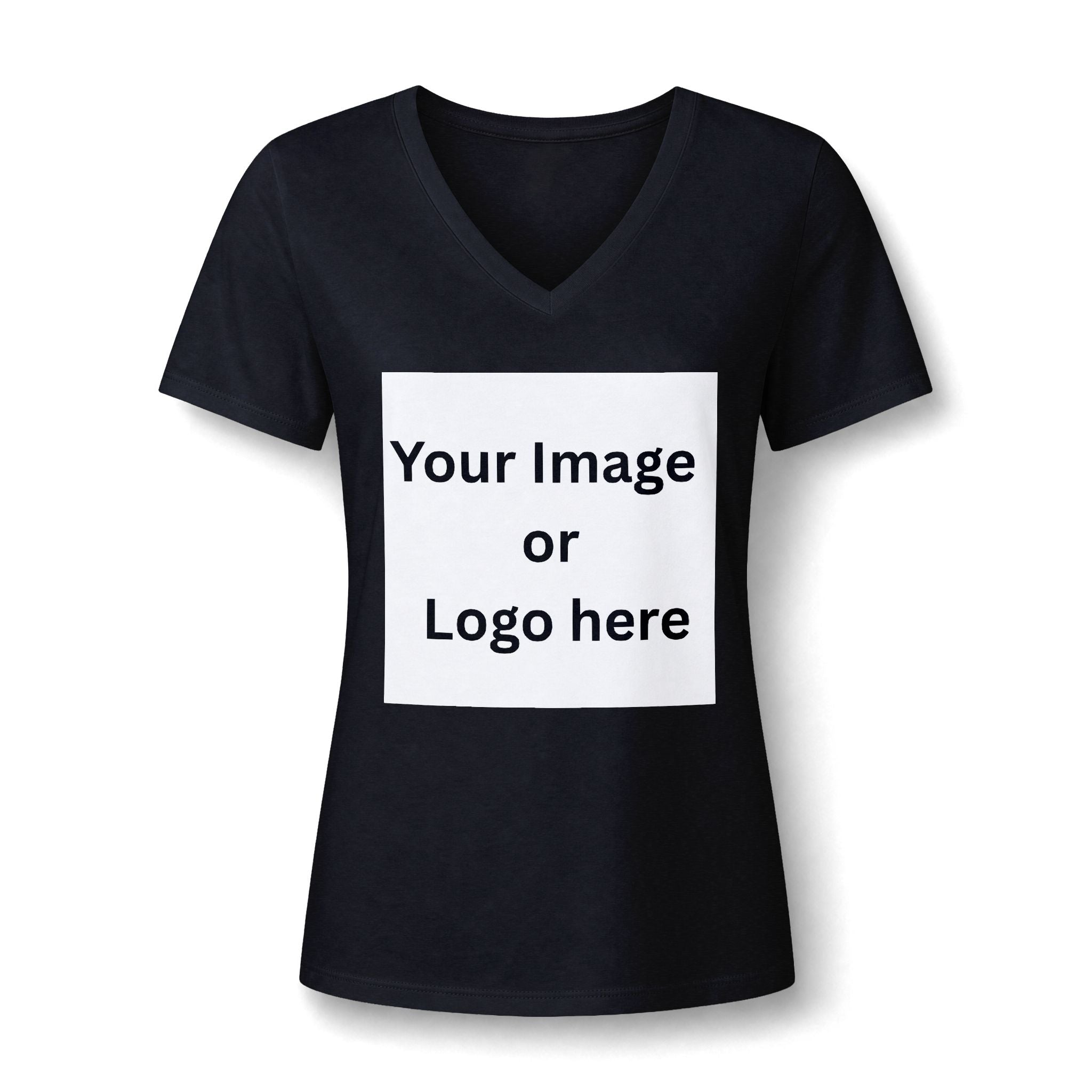 Solid black women's relaxed V-neck T-shirt front with custom image or logo print area