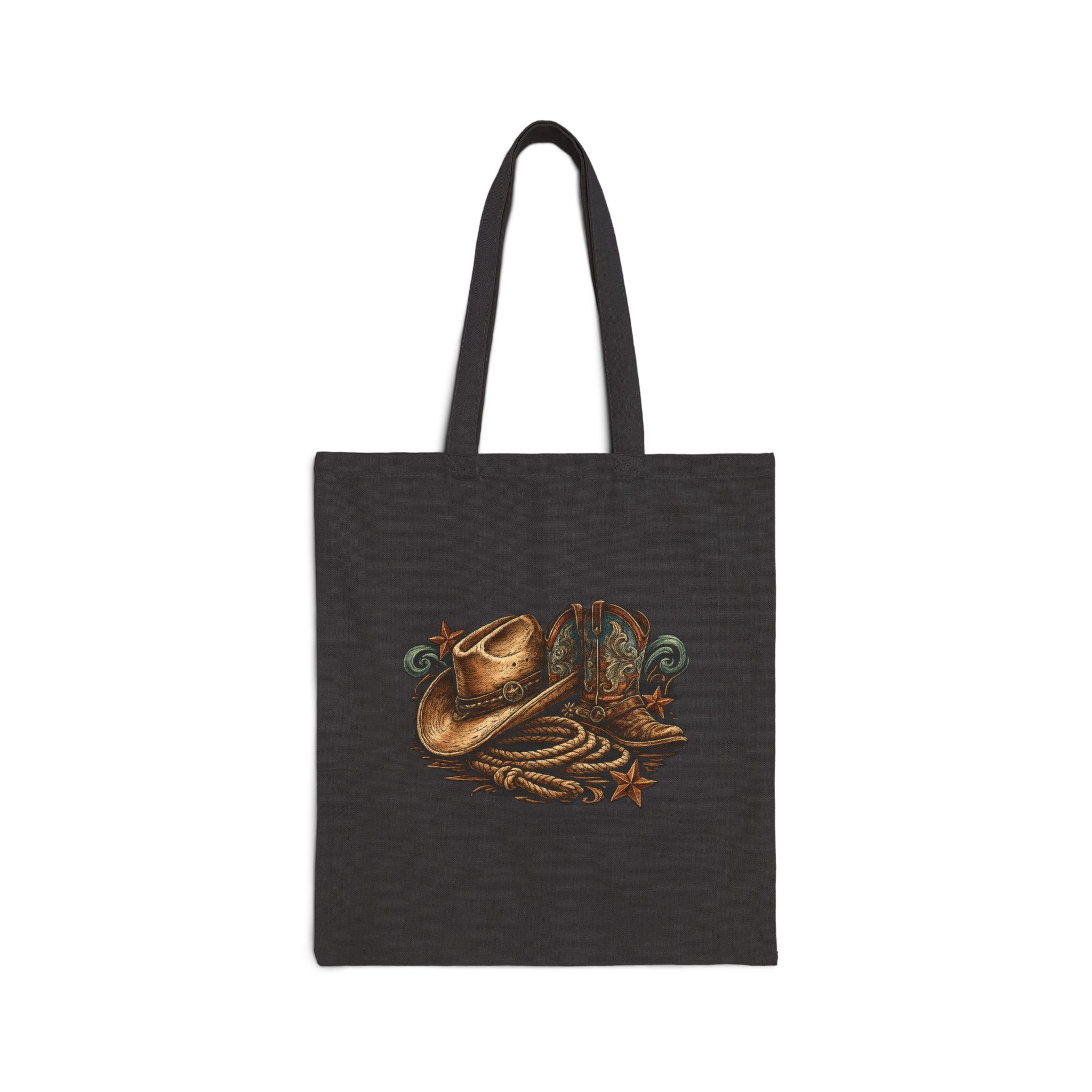 Black cotton canvas tote bag with playful western line dancing artwork.