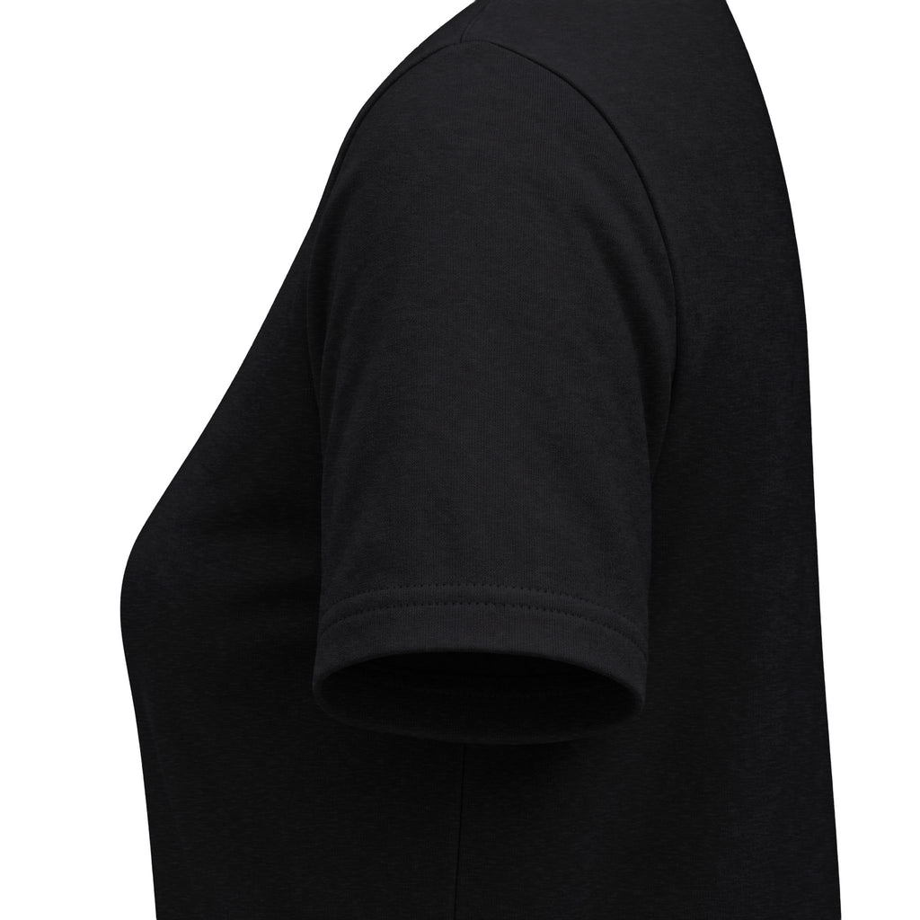 Solid black women's relaxed V-neck T-shirt sleeve and side-seam detail