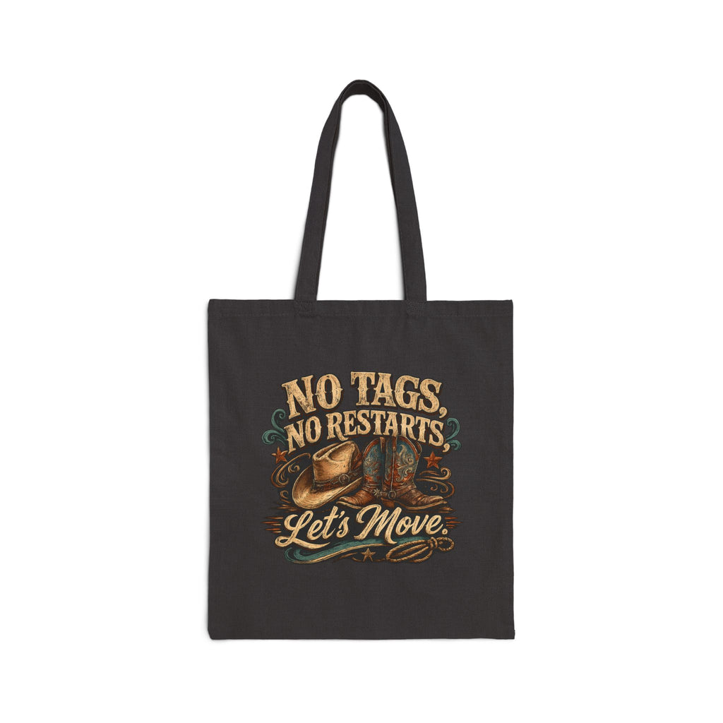 Natural cotton canvas tote bag with playful western line dancing artwork.