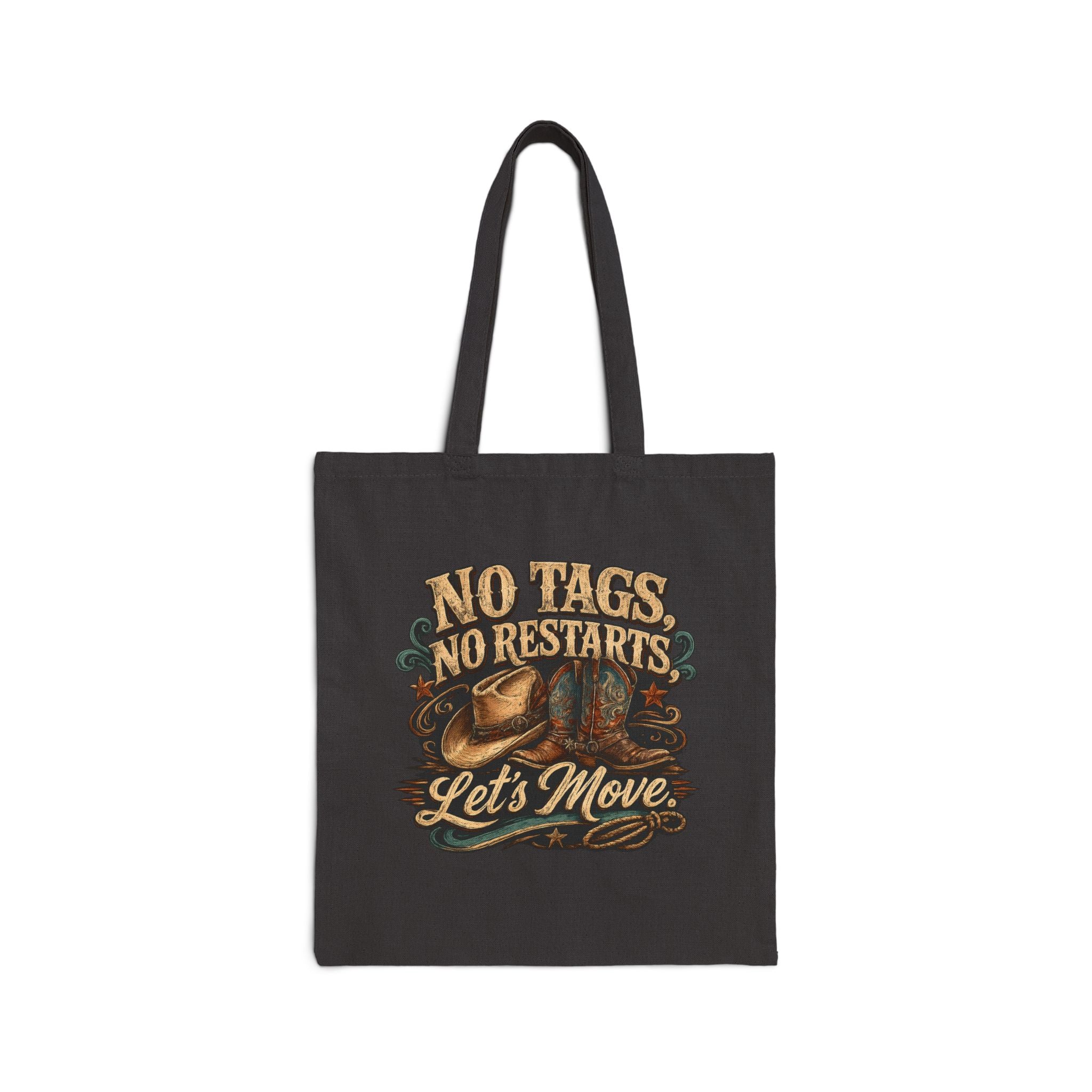 Natural cotton canvas tote bag with playful western line dancing artwork.