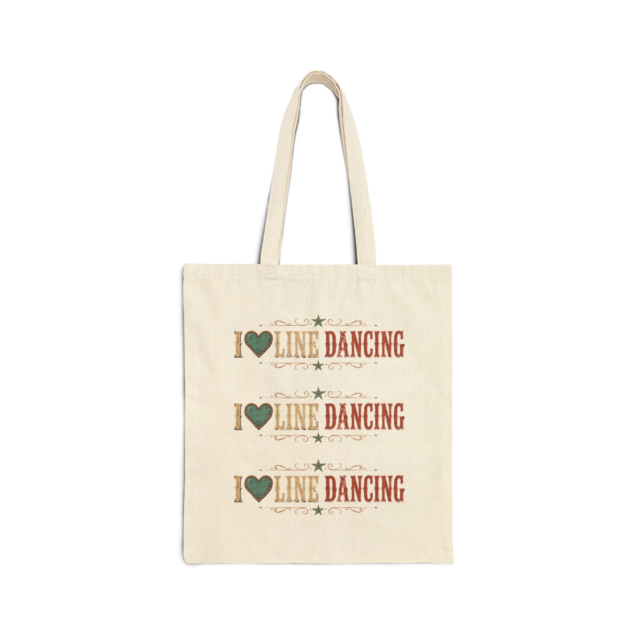 Black cotton canvas tote bag with vintage ‘I Love Line Dancing’ artwork.
