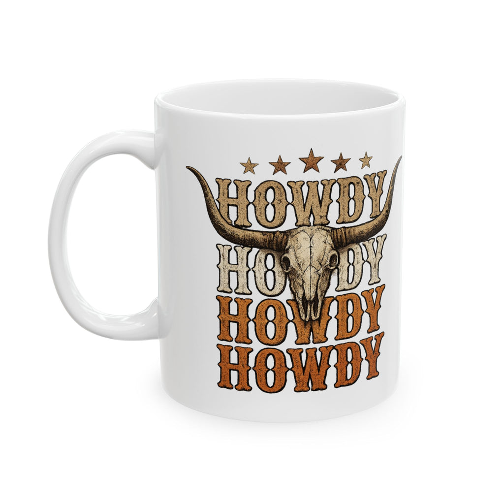 Howdy Cowboy Longhorn ceramic mug shown from the front