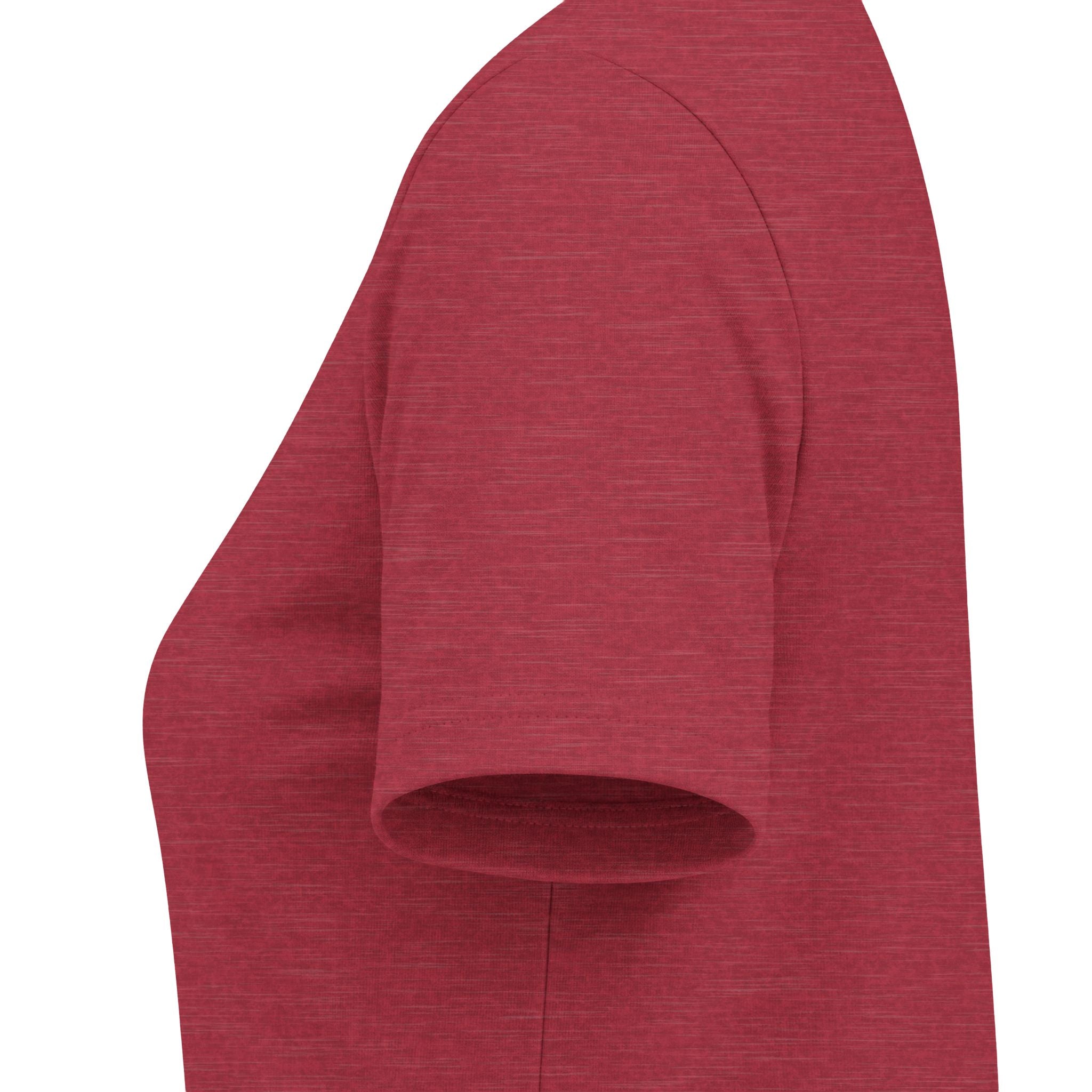 Heather red women's relaxed V-neck T-shirt sleeve and side-seam detail