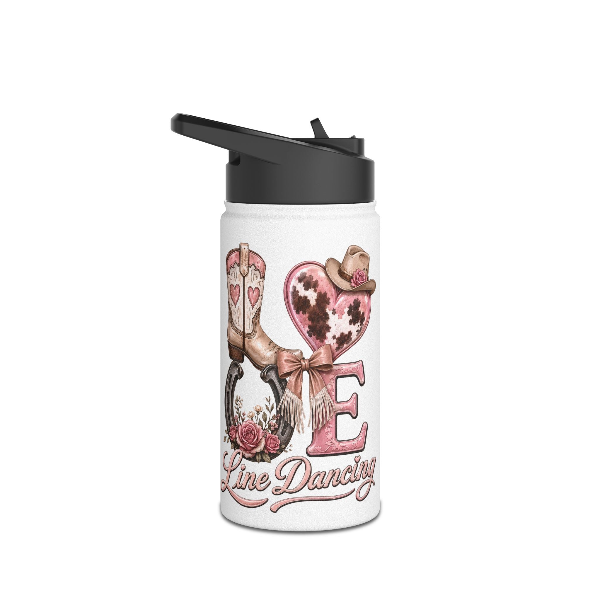 Personalised Love Line Dancing stainless steel bottle with glitter heart and custom name – product view 3