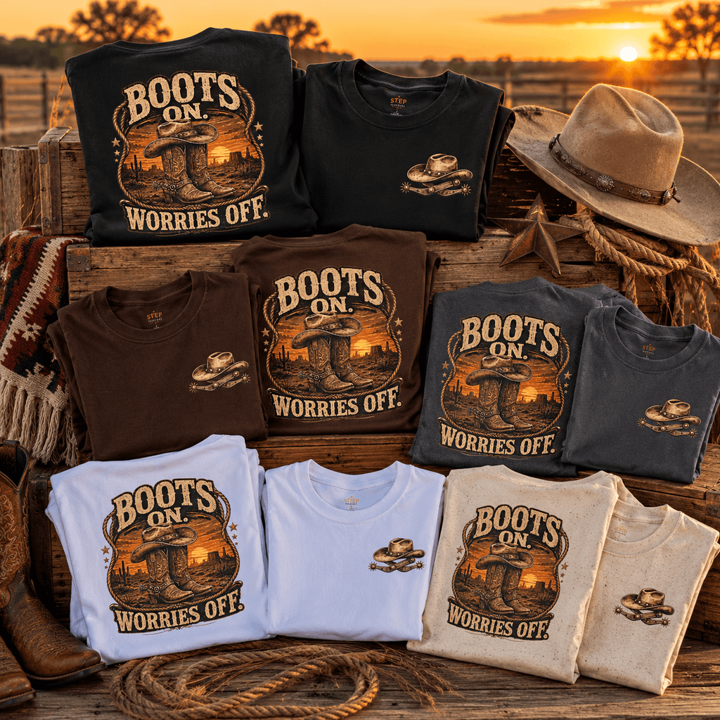 Boots On Worries Off T-shirts in multiple colours folded on wooden crates