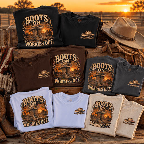 Boots On Worries Off T-shirts in multiple colours folded on wooden crates