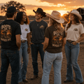 Group in cowboy hats wearing Boots On Worries Off western lifestyle tees at sunset