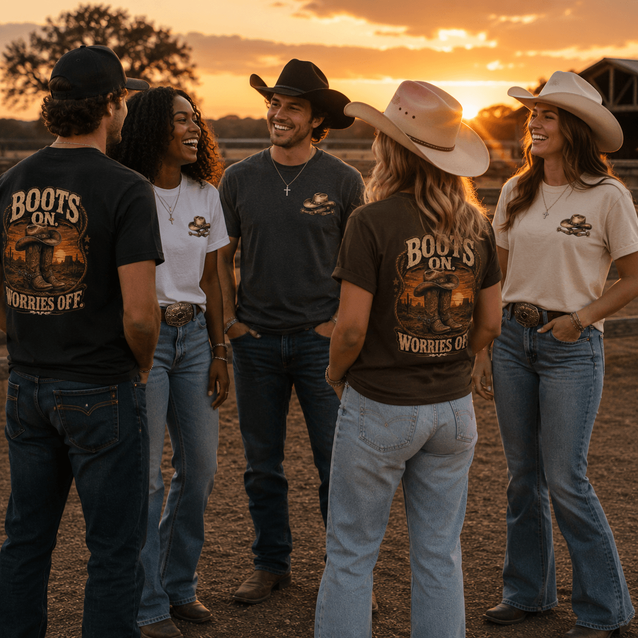 Group in cowboy hats wearing Boots On Worries Off western lifestyle tees at sunset