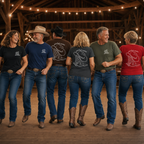 Group of line dancers wearing Just Boot Scootin front and back T-shirts