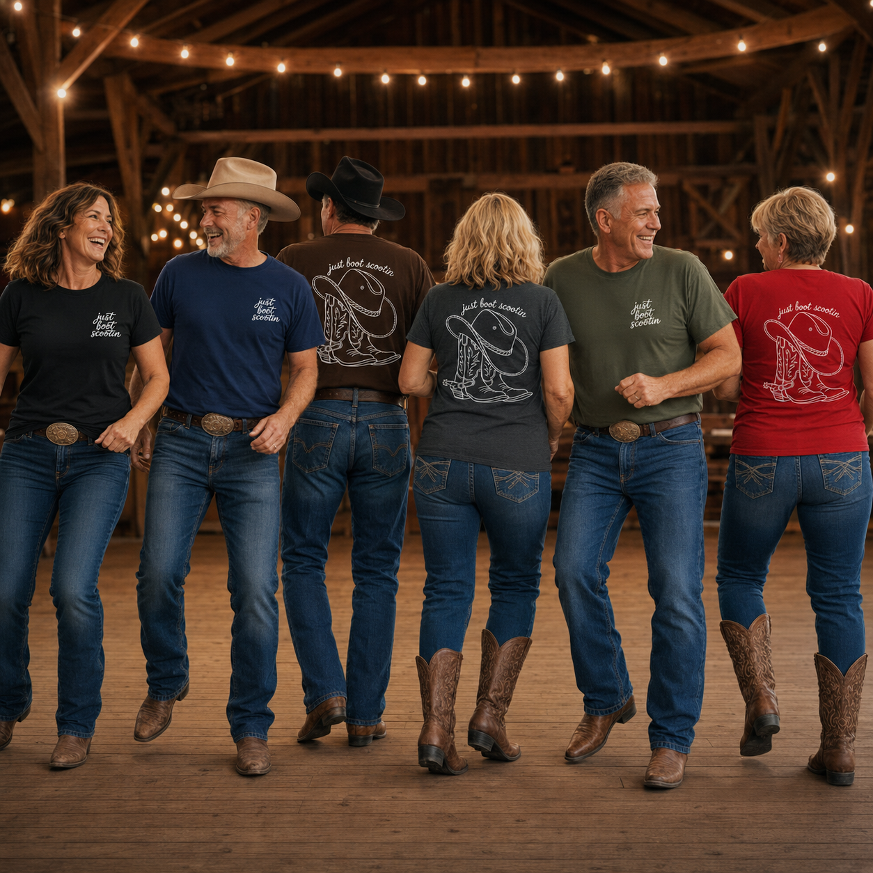 Group of line dancers wearing Just Boot Scootin front and back T-shirts