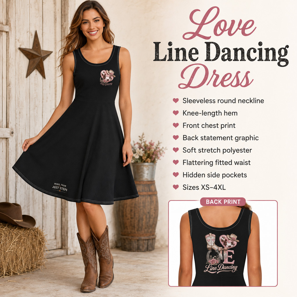 Love Line Dancing sleeveless knee-length dress infographic showing design and features
