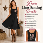 Love Line Dancing sleeveless knee-length dress infographic showing design and features