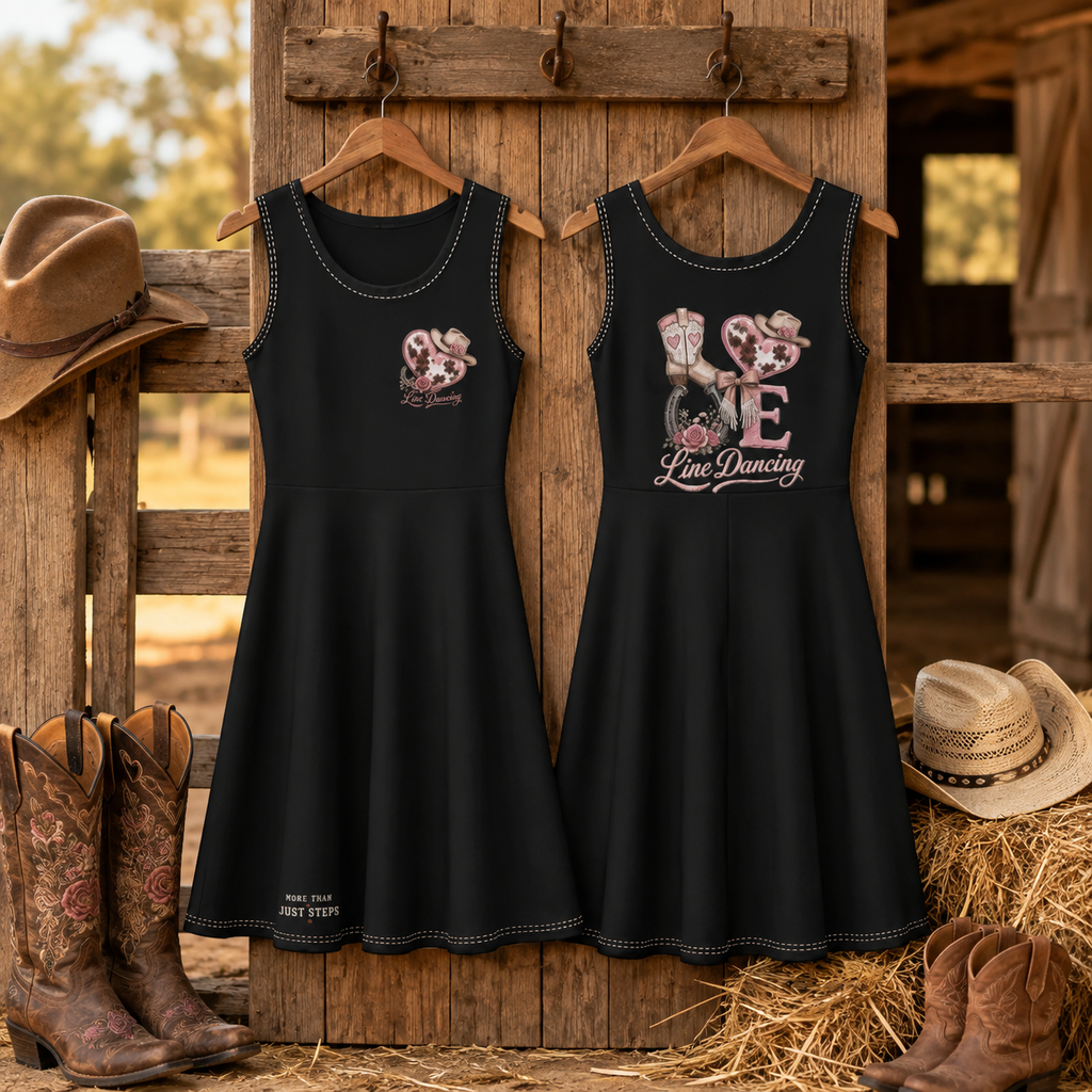 Front and back Love Line Dancing dresses hanging beside a rustic stable with cowboy boots and hats