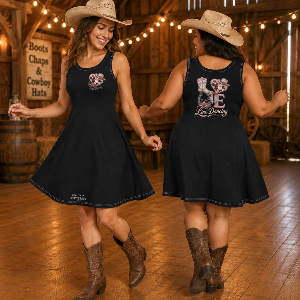 Women wearing the Love Line Dancing knee-length dress in a country dance setting