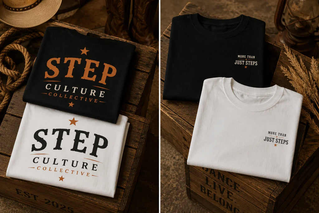 Step Culture Collective Signature Tees folded in a western-themed product display