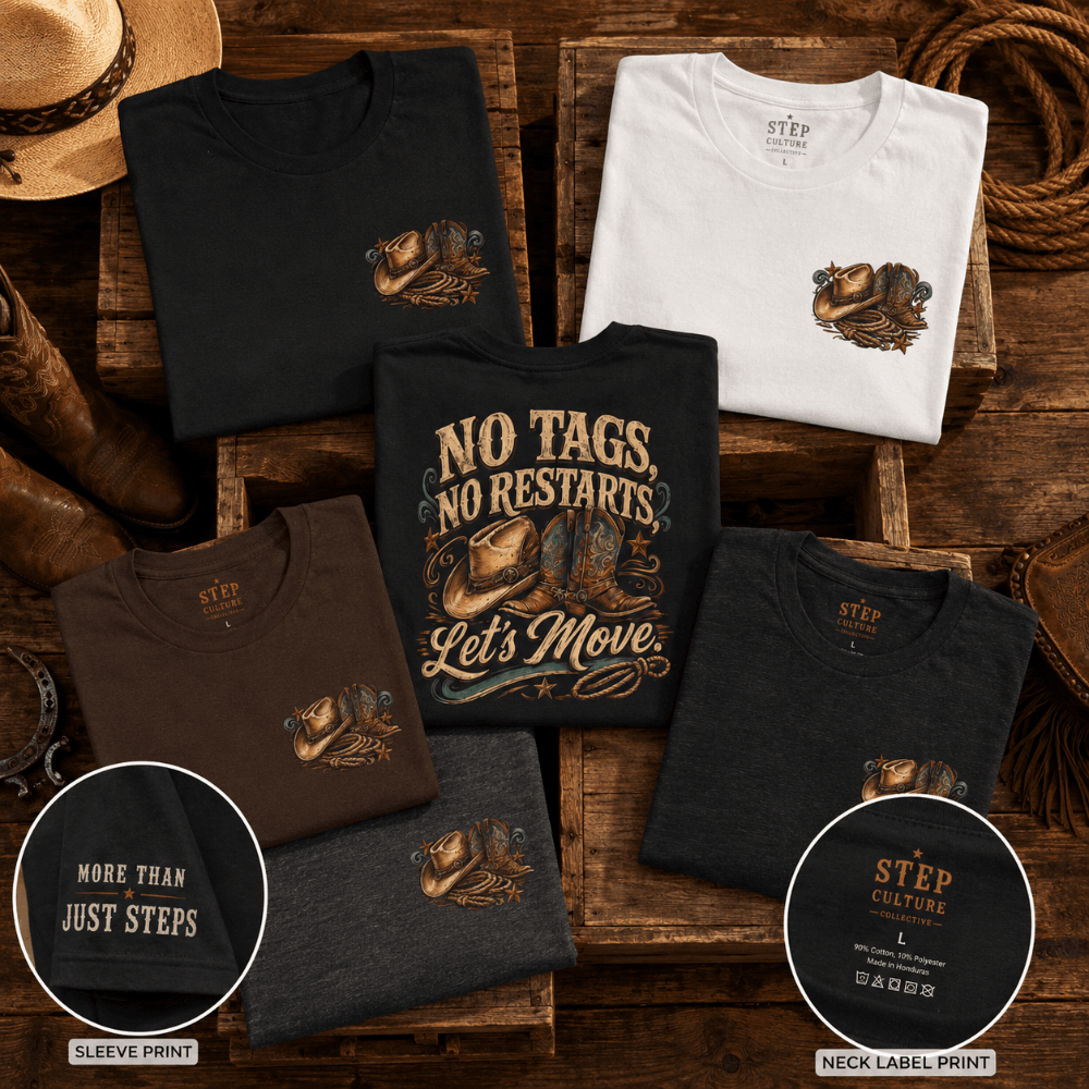 No Tags No Restarts Let's Move T-shirts folded in a western-themed display