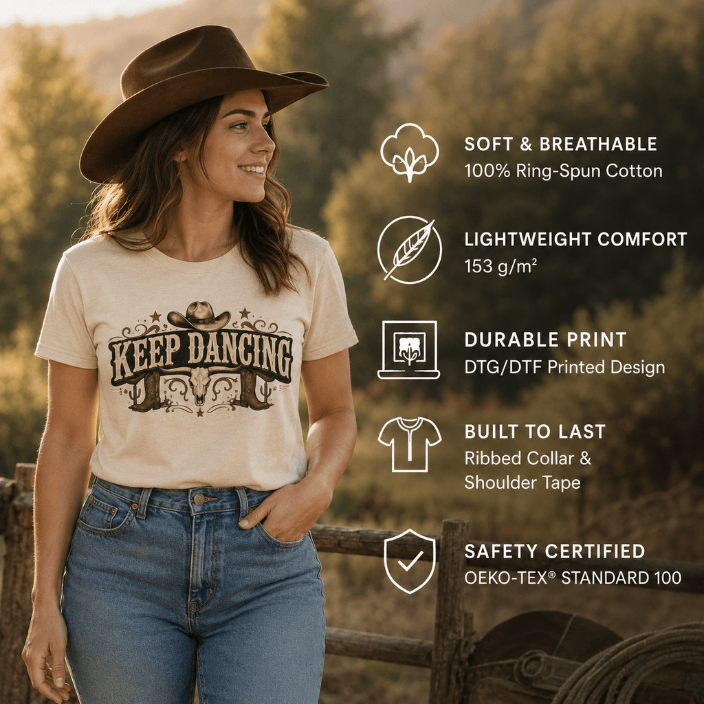 Keep Dancing vintage western tee infographic highlighting the shirt design