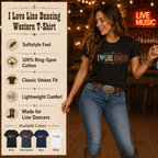 I Love Line Dancing Western T-shirt infographic showing fit, features and design details
