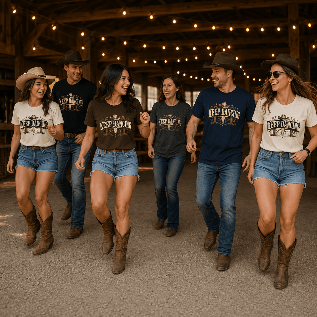 Group of line dancers wearing Keep Dancing vintage western T-shirts