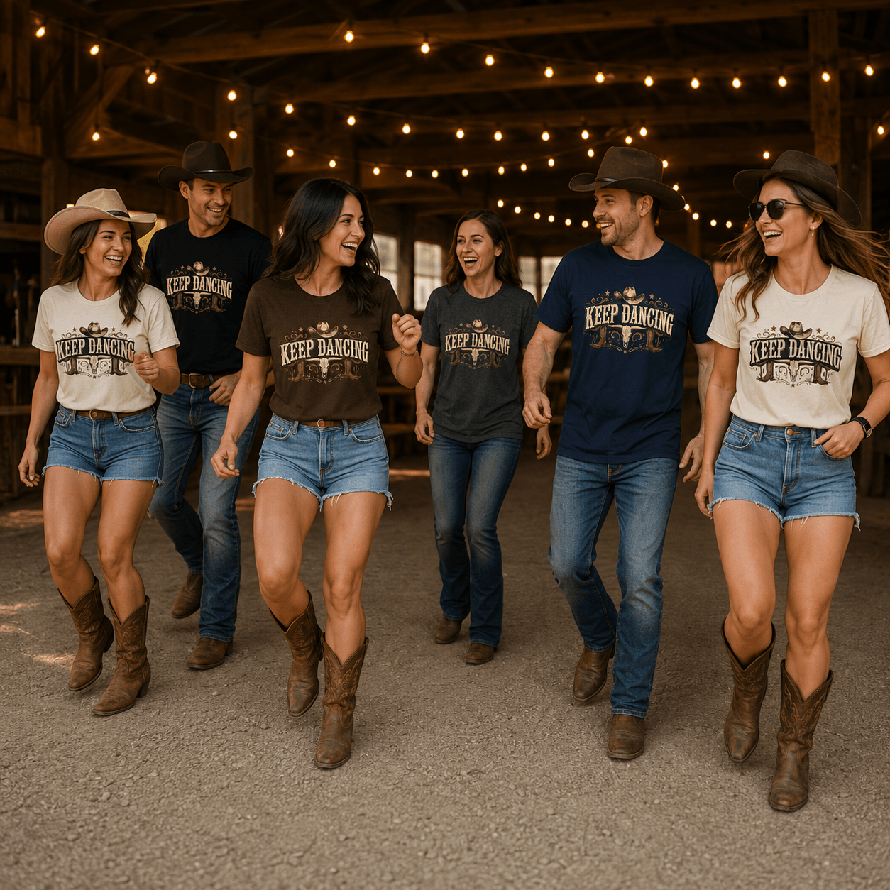 Group of line dancers wearing Keep Dancing vintage western T-shirts