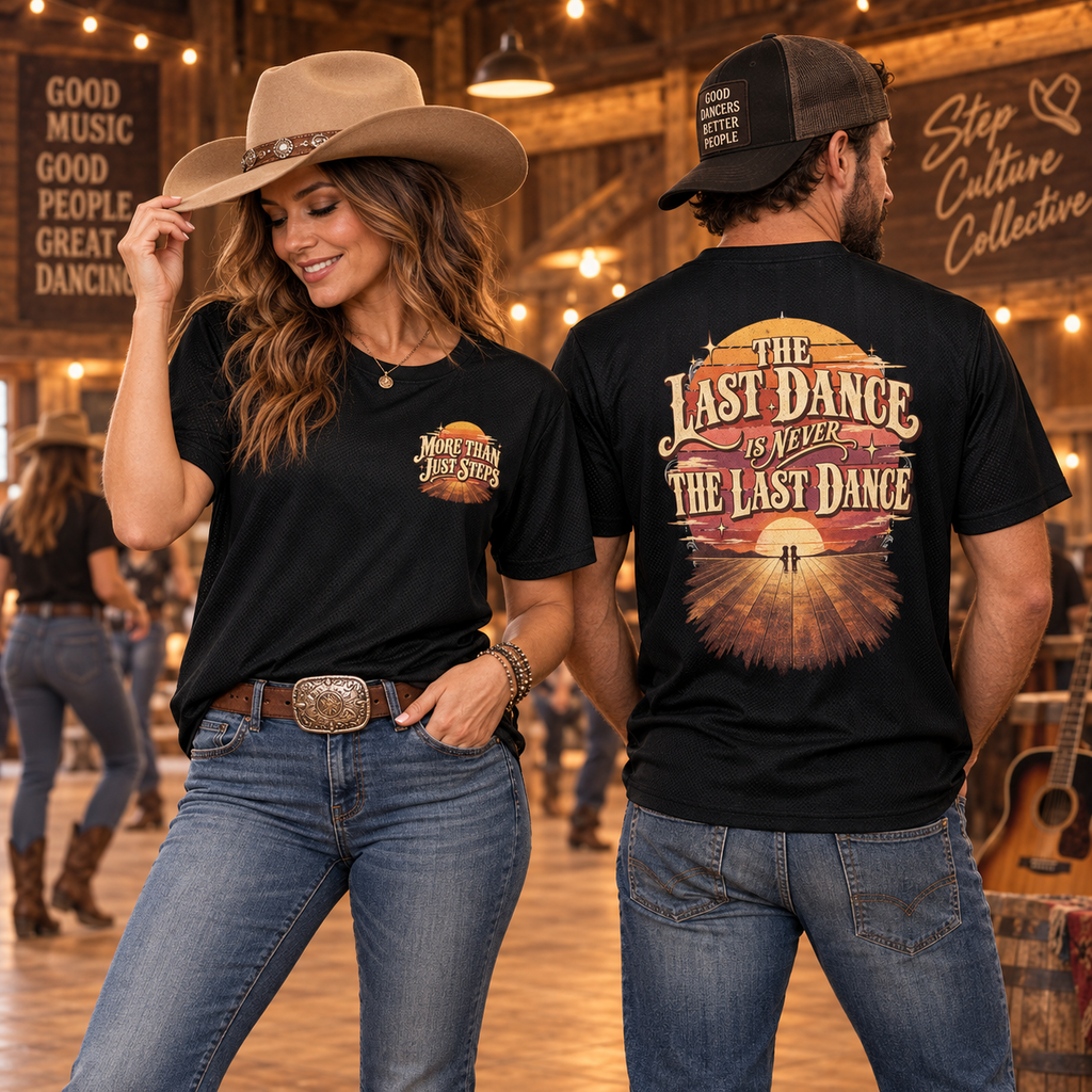 Man and woman modelling The Last Dance unisex black mesh line dancing sports jersey