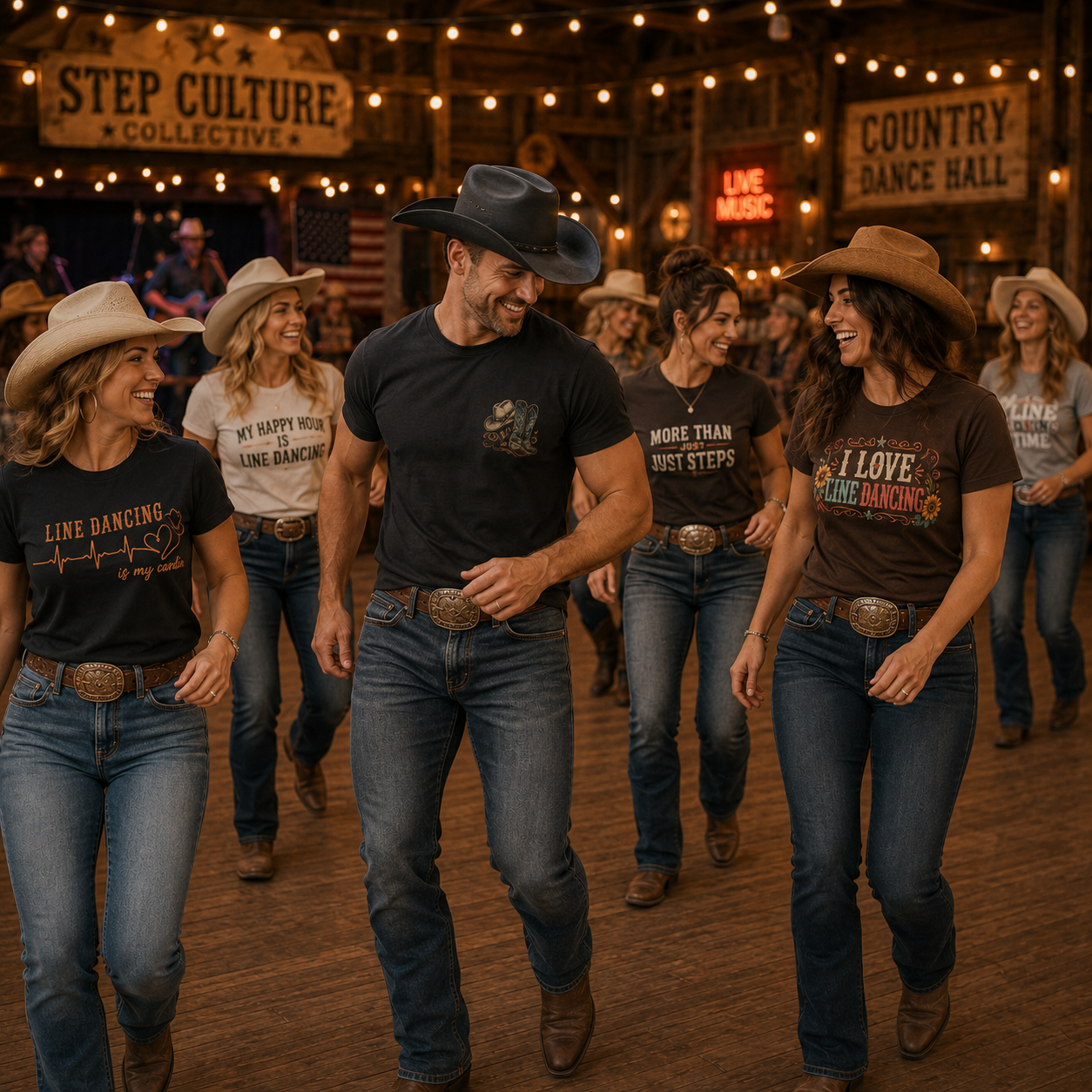 Group of line dancers wearing Step Culture Collective western graphic T-shirts in a country dance hall