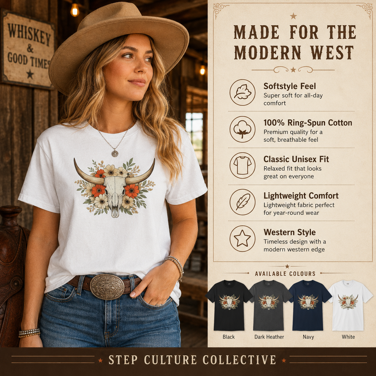 Longhorn skull and floral western T-shirt infographic showing the graphic and shirt details