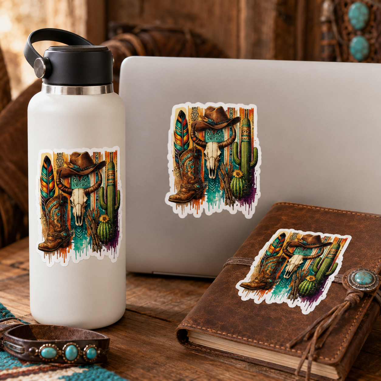 Western boho cow skull, cowboy boot and cactus sticker in a lifestyle display