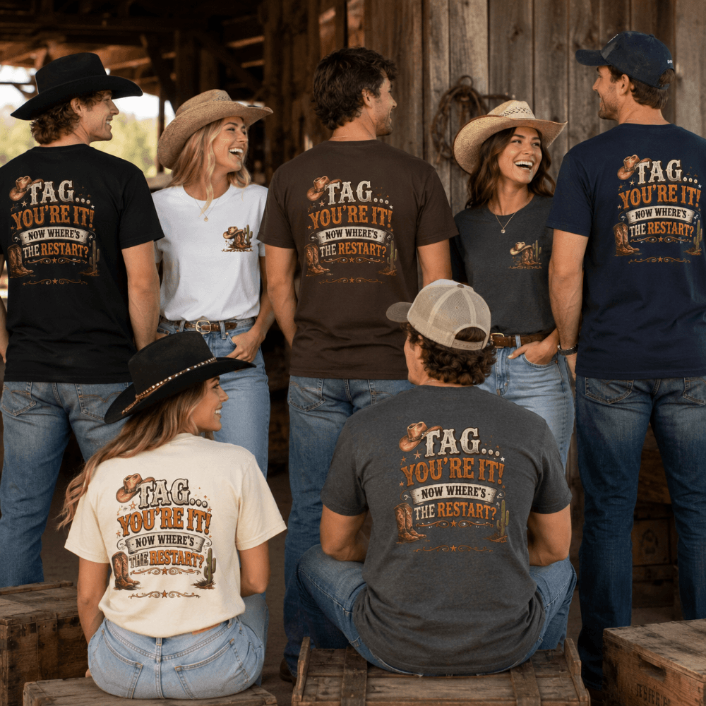 Male and female line dancers wearing Tag You're It Now Where's the Restart T-shirts