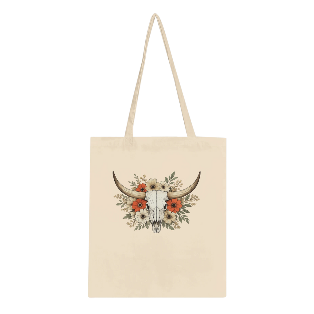 Black cotton tote bag with colourful longhorn skull and floral western artwork.